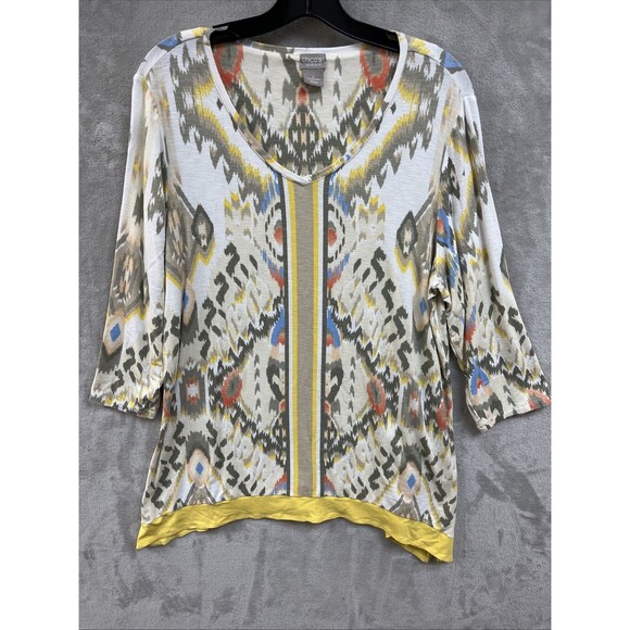 Chico’s Zenergy Top 2 L Colorful Printed Tunic 3/4 Sleeve Aztec Western Tunic - Picture 1 of 6